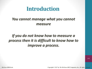 Introduction
You cannot manage what you cannot
measure
If you do not know how to measure a
process then it is difficult to know how to
improve a process.
2-3
McGraw-Hill/Irwin Copyright © 2017 by The McGraw-Hill Companies, Inc. All rights reserved.
 