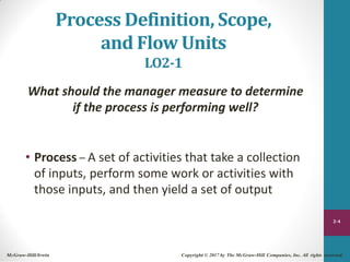 Process Definition, Scope,
and Flow Units
LO2-1
What should the manager measure to determine
if the process is performing well?
• Process – A set of activities that take a collection
of inputs, perform some work or activities with
those inputs, and then yield a set of output
2-4
McGraw-Hill/Irwin Copyright © 2017 by The McGraw-Hill Companies, Inc. All rights reserved.
 