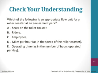 Check Your Understanding
Which of the following is an appropriate flow unit for a
roller coaster at an amusement park?
A . Seats on the roller coaster.
B. Riders.
C . Employees.
D . Miles per hour (as in the speed of the roller coaster).
E . Operating time (as in the number of hours operated
per day).
2-9
McGraw-Hill/Irwin Copyright © 2017 by The McGraw-Hill Companies, Inc. All rights reserved.
 