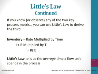 Little’s Law
Continued
If you know (or observe) any of the two key
process metrics, you can use Little’s Law to derive
the third
Inventory = Rate Multiplied by Time
I = R Multiplied by T
I = R(T)
Little’s Law tells us the average time a flow unit
spends in the process
2-16
McGraw-Hill/Irwin Copyright © 2017 by The McGraw-Hill Companies, Inc. All rights reserved.
 
