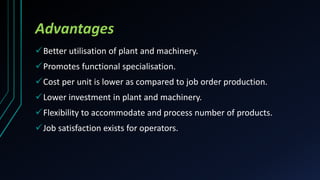 Advantages
Better utilisation of plant and machinery.
Promotes functional specialisation.
Cost per unit is lower as compared to job order production.
Lower investment in plant and machinery.
Flexibility to accommodate and process number of products.
Job satisfaction exists for operators.
 
