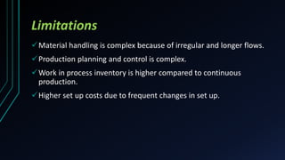 Limitations
Material handling is complex because of irregular and longer flows.
Production planning and control is complex.
Work in process inventory is higher compared to continuous
production.
Higher set up costs due to frequent changes in set up.
 
