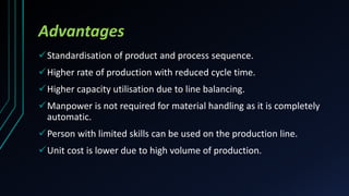Advantages
Standardisation of product and process sequence.
Higher rate of production with reduced cycle time.
Higher capacity utilisation due to line balancing.
Manpower is not required for material handling as it is completely
automatic.
Person with limited skills can be used on the production line.
Unit cost is lower due to high volume of production.
 