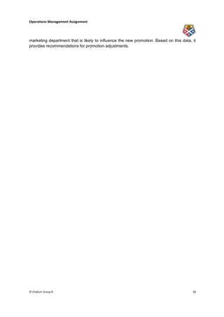 Operations Management Assignment




marketing department that is likely to influence the new promotion. Based on this data, it
provides recommendations for promotion adjustments.




© Challum Group 8                                                                       28
 