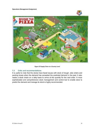 Operations Management Assignment




                             Figure 23 Supply Chain at a Country Level


7.3     Critic and recommendations
It is useful to note that the stores have faced issues with stock of dough, side orders and
packing boxes when the demand has exceeded the predicted demand in the past. It also
needs a stock check on a daily basis to arrive at the quantity for the next order. A more
sophisticated and comprehensive stock management and control tool to enable store to
predict the demand and manage its stock is highly recommended.




© Challum Group 8                                                                        33
 