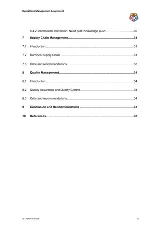 Operations Management Assignment




       6.4.2 Incremental innovation: Need pull: Knowledge push……………………….. 30

7      Supply Chain Management .................................................................................31

7.1    Introduction.............................................................................................................31

7.2    Dominos Supply Chain ..........................................................................................31

7.3    Critic and recommendations ..................................................................................33

8      Quality Management ............................................................................................34

8.1    Introduction.............................................................................................................34

8.2    Quality Assurance and Quality Control..................................................................34

8.3    Critic and recommendations ..................................................................................34

9      Conclusion and Recommendations ..................................................................35

10     References ............................................................................................................36




© Challum Group 8                                                                                                                    iii
 
