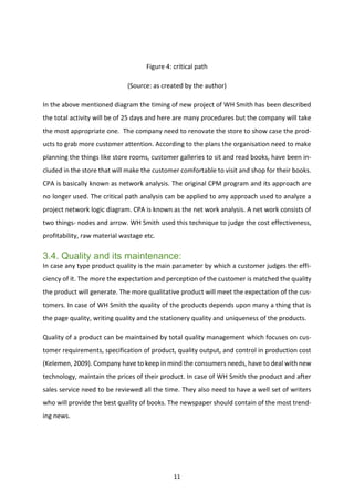 11
Figure 4: critical path
(Source: as created by the author)
In the above mentioned diagram the timing of new project of WH Smith has been described
the total activity will be of 25 days and here are many procedures but the company will take
the most appropriate one. The company need to renovate the store to show case the prod-
ucts to grab more customer attention. According to the plans the organisation need to make
planning the things like store rooms, customer galleries to sit and read books, have been in-
cluded in the store that will make the customer comfortable to visit and shop for their books.
CPA is basically known as network analysis. The original CPM program and its approach are
no longer used. The critical path analysis can be applied to any approach used to analyze a
project network logic diagram. CPA is known as the net work analysis. A net work consists of
two things- nodes and arrow. WH Smith used this technique to judge the cost effectiveness,
profitability, raw material wastage etc.
3.4. Quality and its maintenance:
In case any type product quality is the main parameter by which a customer judges the effi-
ciency of it. The more the expectation and perception of the customer is matched the quality
the product will generate. The more qualitative product will meet the expectation of the cus-
tomers. In case of WH Smith the quality of the products depends upon many a thing that is
the page quality, writing quality and the stationery quality and uniqueness of the products.
Quality of a product can be maintained by total quality management which focuses on cus-
tomer requirements, specification of product, quality output, and control in production cost
(Kelemen, 2009). Company have to keep in mind the consumers needs, have to deal with new
technology, maintain the prices of their product. In case of WH Smith the product and after
sales service need to be reviewed all the time. They also need to have a well set of writers
who will provide the best quality of books. The newspaper should contain of the most trend-
ing news.
 