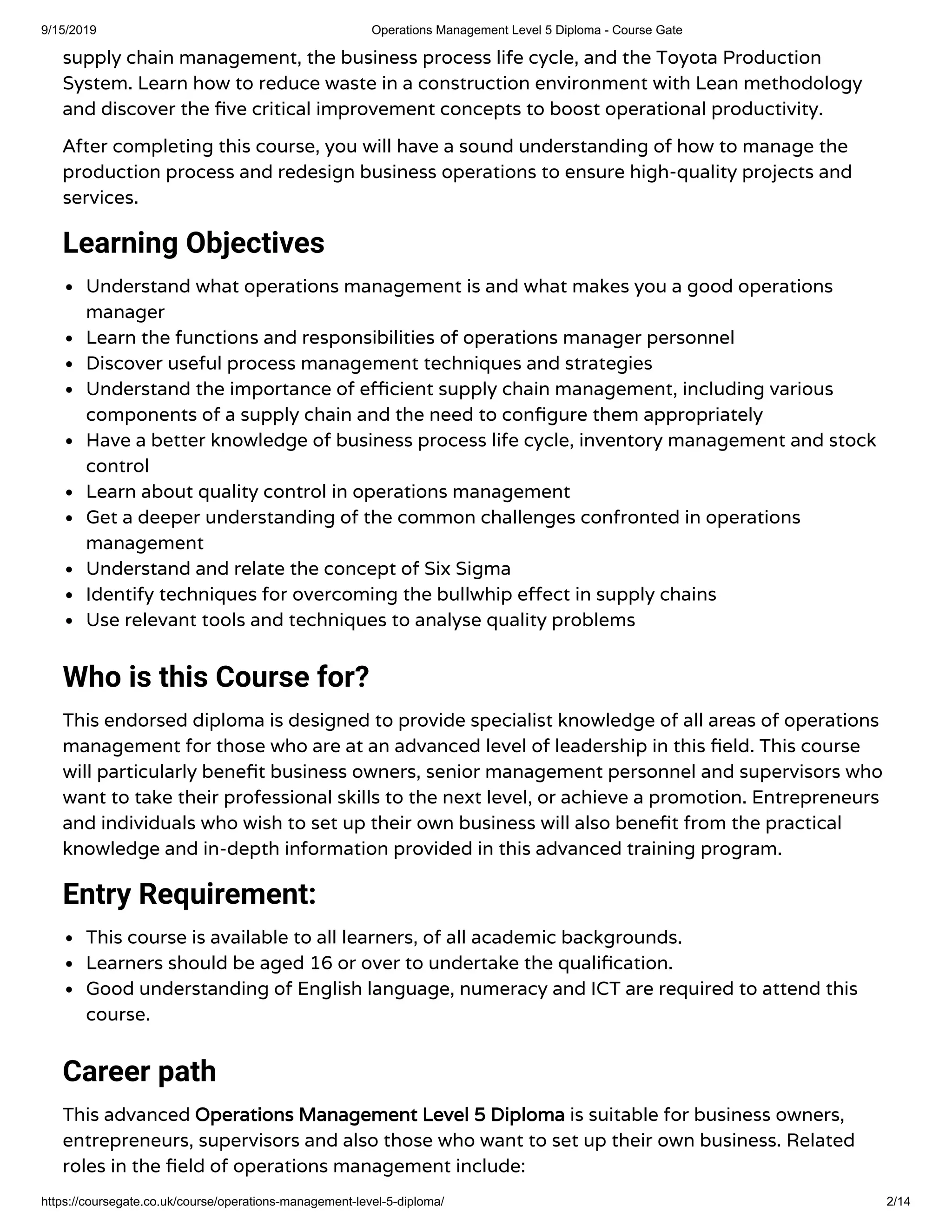 Operations Management Level 5 Diploma - Course Gate | PDF | Business ...