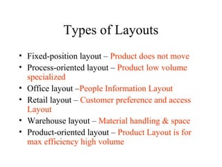 Types of Layouts
• Fixed-position layout – Product does not move
• Process-oriented layout – Product low volume
specialized
• Office layout –People Information Layout
• Retail layout – Customer preference and access
Layout
• Warehouse layout – Material handling & space
• Product-oriented layout – Product Layout is for
max efficiency high volume

 