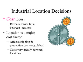 Industrial Location Decisions
• Cost focus
– Revenue varies little
between locations

• Location is a major
cost factor
– Affects shipping &
production costs (e.g., labor)
– Costs vary greatly between
locations

© 1995 Corel Corp.

 