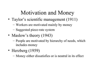 Motivation and Money
• Taylor’s scientific management (1911)
– Workers are motivated mainly by money
– Suggested piece-rate system

• Maslow’s theory (1943)
– People are motivated by hierarchy of needs, which
includes money

• Herzberg (1959)
– Money either dissatisfies or is neutral in its effect

 