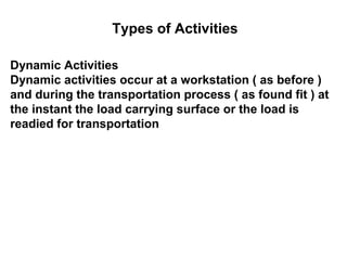Types of Activities

Dynamic Activities
Dynamic activities occur at a workstation ( as before )
and during the transportation process ( as found fit ) at
the instant the load carrying surface or the load is
readied for transportation
 