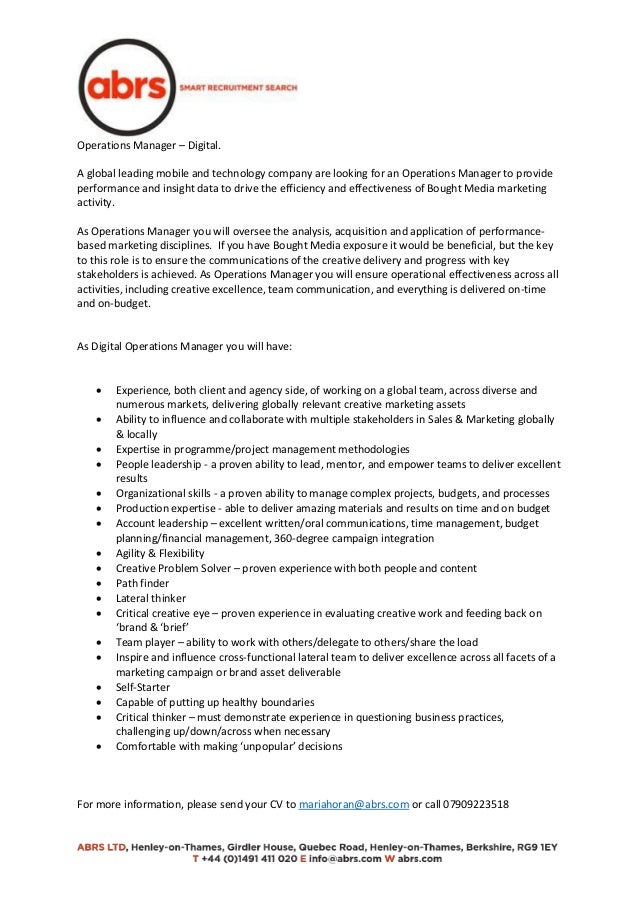 digital operations manager it operation manager job description