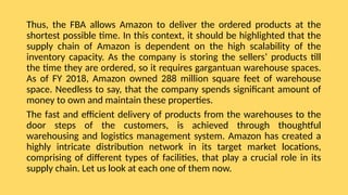 Thus, the FBA allows Amazon to deliver the ordered products at the
shortest possible time. In this context, it should be highlighted that the
supply chain of Amazon is dependent on the high scalability of the
inventory capacity. As the company is storing the sellers’ products till
the time they are ordered, so it requires gargantuan warehouse spaces.
As of FY 2018, Amazon owned 288 million square feet of warehouse
space. Needless to say, that the company spends significant amount of
money to own and maintain these properties.
The fast and efficient delivery of products from the warehouses to the
door steps of the customers, is achieved through thoughtful
warehousing and logistics management system. Amazon has created a
highly intricate distribution network in its target market locations,
comprising of different types of facilities, that play a crucial role in its
supply chain. Let us look at each one of them now.
 