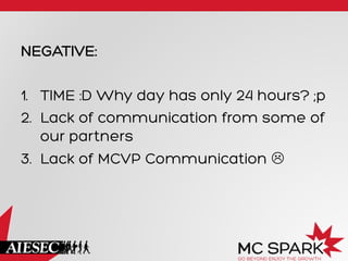 NEGATIVE:
1.  TIME :D Why day has only 24 hours? ;p
2.  Lack of communication from some of
our partners
3.  Lack of MCVP Communication L

 