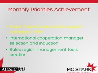 Monthly Priorities Achievement
•  Global Talents basic brand support webpage / offer
•  International cooperation manager
selection and induction
•  Sales region management tools
creation

 