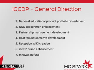 iGCDP – General Direction
1.  NaConal	
  educaConal	
  product	
  por_olio	
  refreshment	
  
2.  NGO	
  cooperaCon	
  enhancement	
  
3.  Partnership	
  management	
  development	
  
4.  Host	
  families	
  iniCaCve	
  development	
  
5.  RecepCon	
  WIKI	
  creaCon	
  
6.  iGCDP	
  brand	
  enhancement	
  
7.  InnovaCon	
  fund	
  	
  

 