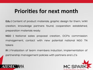 PrioriCes	
  for	
  next	
  month	
  
Edu | Content of product materials, graphic design for them, WIKI
creation, knowledge partners found, cooperation established,
preparation materials ready.
NGO | National sales proposal creation, OCP’s commission
management, contact with new potentail national NGO TN
takers
IR | Finalization of team members induction, implementation of
partnership management policies with partners and LC’s

 
