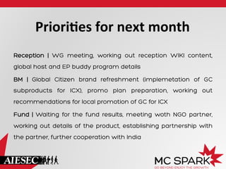PrioriCes	
  for	
  next	
  month	
  
Reception | WG meeting, working out reception WIKI content,
global host and EP buddy program details
BM | Global Citizen brand refreshment (implemetation of GC
subproducts for ICX), promo plan preparation, working out
recommendations for local promotion of GC for ICX
Fund | Waiting for the fund results, meeting woth NGO partner,
working out details of the product, establishing partnership with
the partner, further cooperation with India

 