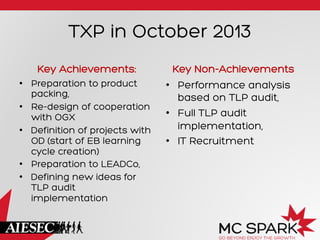 TXP in October 2013
Key Achievements:
•  Preparation to product
packing,
•  Re-design of cooperation
with OGX
•  Definition of projects with
OD (start of EB learning
cycle creation)
•  Preparation to LEADCo,
•  Defining new ideas for
TLP audit
implementation

Key Non-Achievements
•  Performance analysis
based on TLP audit,
•  Full TLP audit
implementation,
•  IT Recruitment

 