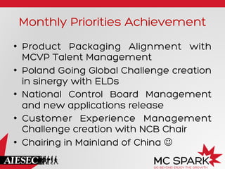 Monthly Priorities Achievement
•  Product Packaging Alignment with
MCVP Talent Management
•  Poland Going Global Challenge creation
in sinergy with ELDs
•  National Control Board Management
and new applications release
•  Customer Experience Management
Challenge creation with NCB Chair
•  Chairing in Mainland of China J

 
