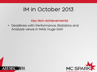 IM in October 2013
Key Non-Achievements
•  Deadlines with Performance, Statistics and
Analysis views in MAS. Huge GAP.

 