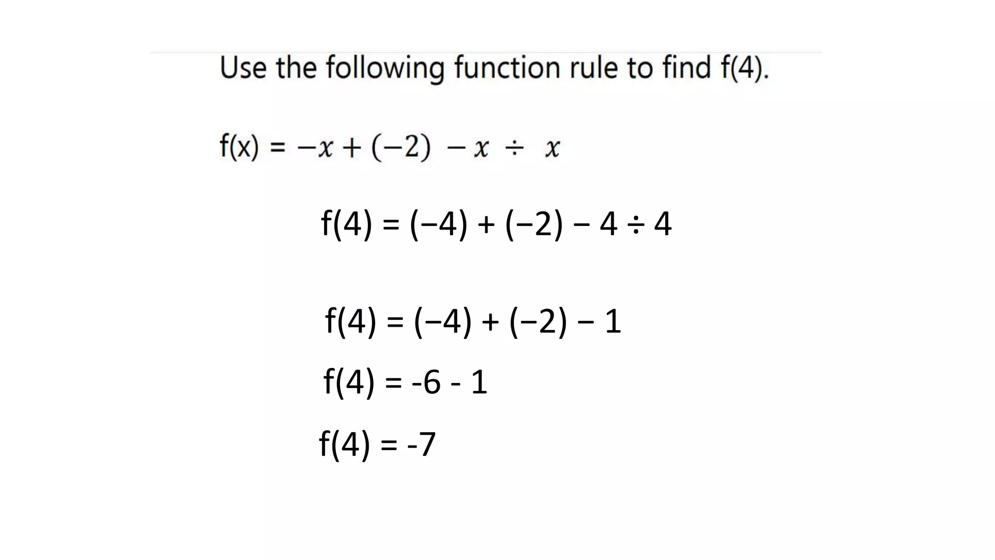 f(4) = (−4) + (−2) − 1
f(4) = -6 - 1
f(4) = -7
f(4) = (−4) + (−2) − 4 ÷ 4