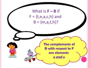 What is  F – B  if F = {t,e,a,c,h} and  B = {m,a,t,h}? The complements of B with respect to F are elements  e and c . 