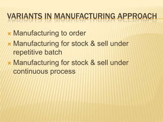Variants in Manufacturing ApproachManufacturing to orderManufacturing for stock & sell under repetitive batchManufacturing for stock & sell under continuous process