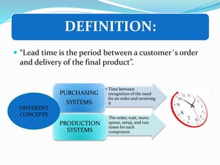 DEFINITION:
 “Lead time is the period between a customer´s order
and delivery of the final product”.
• Time between
recognition of the need
for an order and receiving
it
PURCHASING
SYSTEMS
• The order, wait, move,
queue, setup, and run
times for each
component
PRODUCTION
SYSTEMS
DIFFERENT
CONCEPTS
 