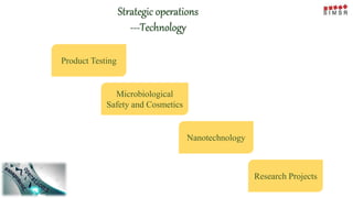 Strategic operations
---Technology
Research Projects
Nanotechnology
Product Testing
Microbiological
Safety and Cosmetics
 