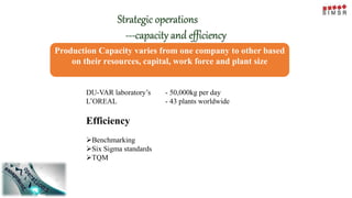 Strategic operations
---capacity and efficiency
Production Capacity varies from one company to other based
on their resources, capital, work force and plant size
DU-VAR laboratory’s - 50,000kg per day
L’OREAL - 43 plants worldwide
Efficiency
Benchmarking
Six Sigma standards
TQM
 