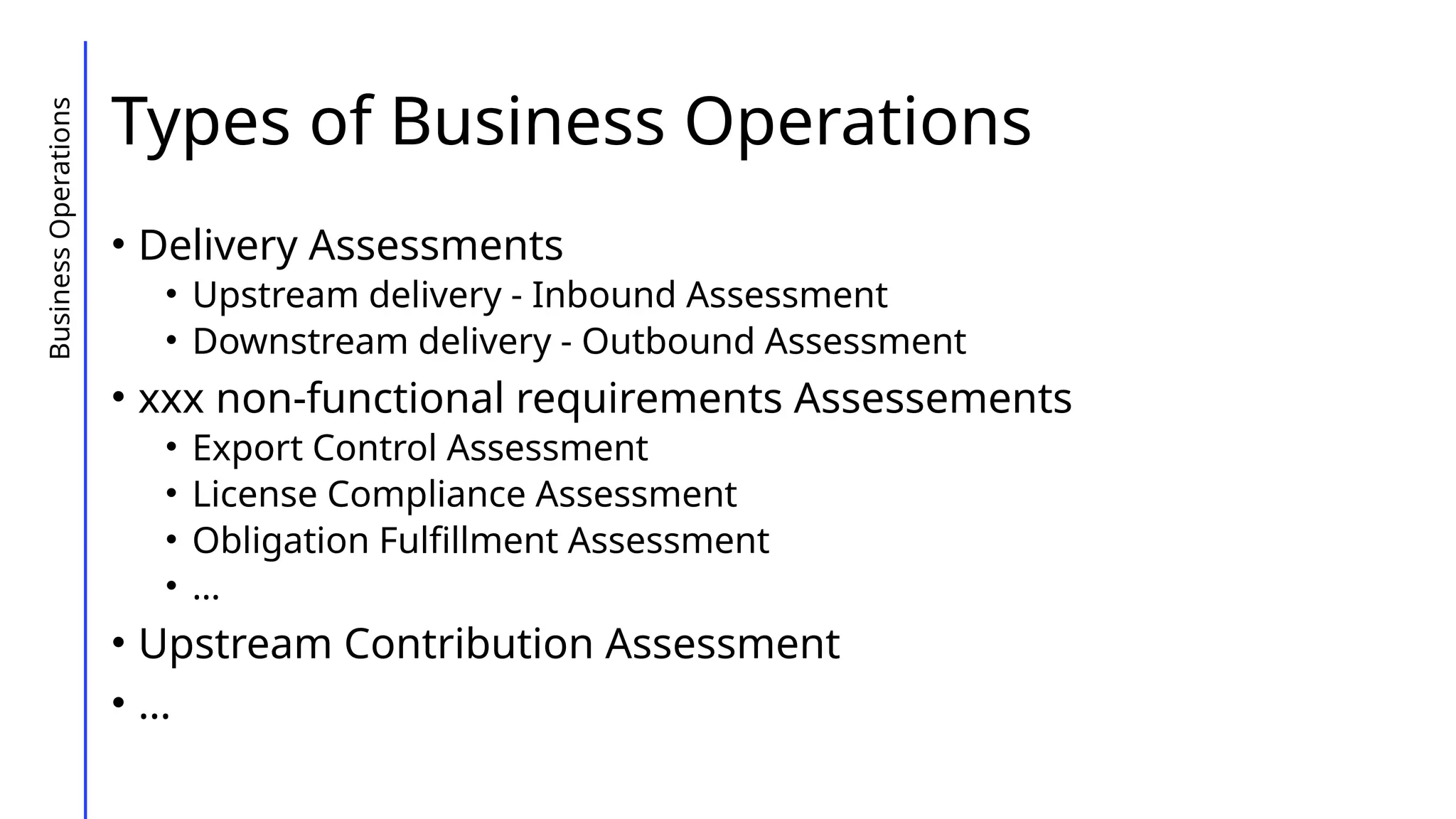 Types of Business Operations
• Delivery Assessments
• Upstream delivery - Inbound Assessment
• Downstream delivery - Outbound Assessment
• xxx non-functional requirements Assessements
• Export Control Assessment
• License Compliance Assessment
• Obligation Fulfillment Assessment
• …
• Upstream Contribution Assessment
• …
Business
Operations
 