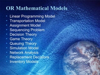 OR Mathematical Models
• Linear Programming Model
• Transportation Model
• Assignment Model
• Sequencing Problem
• Decision Theory
• Game Theory
• Queuing Theory
• Simulation Model
• Network Analysis
• Replacement Decisions
• Inventory Models
 