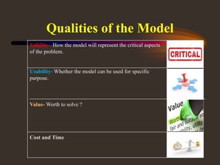 Qualities of the Model
Validity- How the model will represent the critical aspects
of the problem.
Usability- Whether the model can be used for specific
purpose.
Value- Worth to solve ?
Cost and Time
 