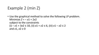 Example 2 (min Z)
• Use the graphical method to solve the following LP problem.
Minimize Z = – x1 + 2x2
subject to the constraints
(i) – x1 + 3x2 ≤ 10, (ii) x1 + x2 ≤ 6, (iii) x1 – x2 ≤ 2
and x1, x2 ≥ 0
 