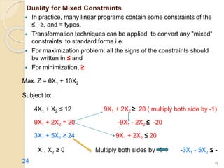 Duality for Mixed Constraints
 In practice, many linear programs contain some constraints of the
≤, ≥, and = types.
 Transformation techniques can be applied to convert any "mixed“
constraints to standard forms i.e.
 For maximization problem: all the signs of the constraints should
be written in ≤ and
 For minimization, ≥
48
Max. Z = 6X1 + 10X2
Subject to:
4X1 + X2 ≤ 12 9X1 + 2X2 ≥ 20 ( multiply both side by -1)
9X1 + 2X2 = 20 -9X1 - 2X2 ≤ -20
3X1 + 5X2 ≥ 24 9X1 + 2X2 ≤ 20
X1, X2 ≥ 0 Multiply both sides by -1 -3X1 - 5X2 ≤ -
24
 