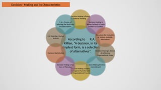 According to R.A.
Killian, “A decision, in its
simplest form, is a selection
of alternatives”.
Decision-Making is Based
on Rational Thinking
Decision-Making is
Always Related to Some
Problem or Conflict
It Involves the Evaluation
of Various Available
Alternatives
Decision-Making is Aimed
at Achieving
Organisational Goals
Decision-Making Involves
Commitment
Decision-Making is both a
Managerial Function and
an Organisational Process
Decision-Making is the
Core of Planning
Decision Starts Action
It is Basically a Human
Activity
It is a Process of
Selecting the Best from
the Alternatives
Decision - Making and its Characteristics
 