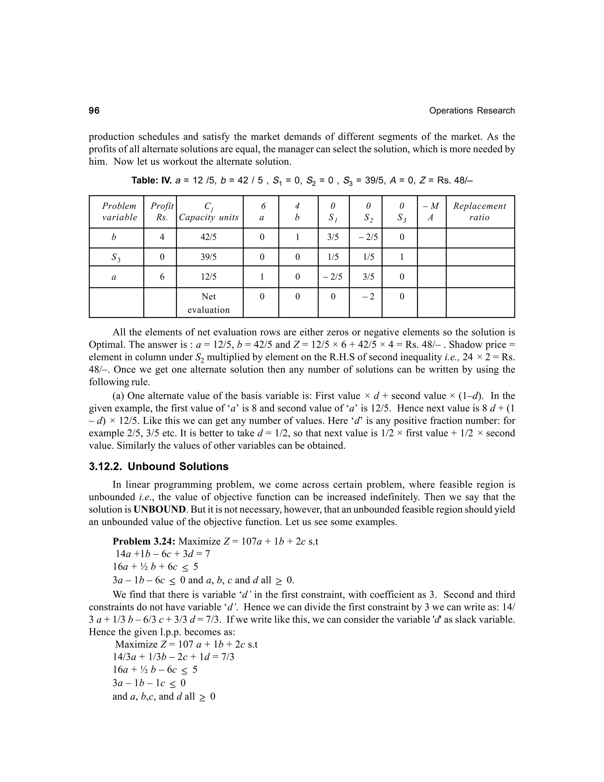 96

Operations Research

production schedules and satisfy the market demands of different segments of the market. As the
profits of all alternate solutions are equal, the manager can select the solution, which is more needed by
him. Now let us workout the alternate solution.
Table: IV. a = 12 /5, b = 42 / 5 , S1 = 0, S2 = 0 , S3 = 39/5, A = 0, Z = Rs. 48/–
Problem
variable

Profit
Cj
Rs. Capacity units

6
a

4
b

0
S1

0
S2

0
S3

b

4

42/5

0

1

3/5

– 2/5

0

39/5

0

0

1/5

1/5

1

a

6

12/5

1

0

– 2/5

3/5

0

Net
evaluation

0

0

0

–2

Replacement
ratio

0

S3

–M
A

0

All the elements of net evaluation rows are either zeros or negative elements so the solution is
Optimal. The answer is : a = 12/5, b = 42/5 and Z = 12/5 × 6 + 42/5 × 4 = Rs. 48/– . Shadow price =
element in column under S2 multiplied by element on the R.H.S of second inequality i.e., 24 × 2 = Rs.
48/–. Once we get one alternate solution then any number of solutions can be written by using the
following rule.
(a) One alternate value of the basis variable is: First value × d + second value × (1–d). In the
given example, the first value of ‘a’ is 8 and second value of ‘a’ is 12/5. Hence next value is 8 d + (1
– d) × 12/5. Like this we can get any number of values. Here ‘d’ is any positive fraction number: for
example 2/5, 3/5 etc. It is better to take d = 1/2, so that next value is 1/2 × first value + 1/2 × second
value. Similarly the values of other variables can be obtained.

3.12.2. Unbound Solutions
In linear programming problem, we come across certain problem, where feasible region is
unbounded i.e., the value of objective function can be increased indefinitely. Then we say that the
solution is UNBOUND. But it is not necessary, however, that an unbounded feasible region should yield
an unbounded value of the objective function. Let us see some examples.
Problem 3.24: Maximize Z = 107a + 1b + 2c s.t
14a +1b – 6c + 3d = 7
16a + ½ b + 6c ≤ 5
3a – 1b – 6c ≤ 0 and a, b, c and d all ≥ 0.
We find that there is variable ‘d’ in the first constraint, with coefficient as 3. Second and third
constraints do not have variable ‘d’. Hence we can divide the first constraint by 3 we can write as: 14/
3 a + 1/3 b – 6/3 c + 3/3 d = 7/3. If we write like this, we can consider the variable 'd' as slack variable.
Hence the given l.p.p. becomes as:
Maximize Z = 107 a + 1b + 2c s.t
14/3a + 1/3b – 2c + 1d = 7/3
16a + ½ b – 6c ≤ 5
3a – 1b – 1c ≤ 0
and a, b,c, and d all ≥ 0

 