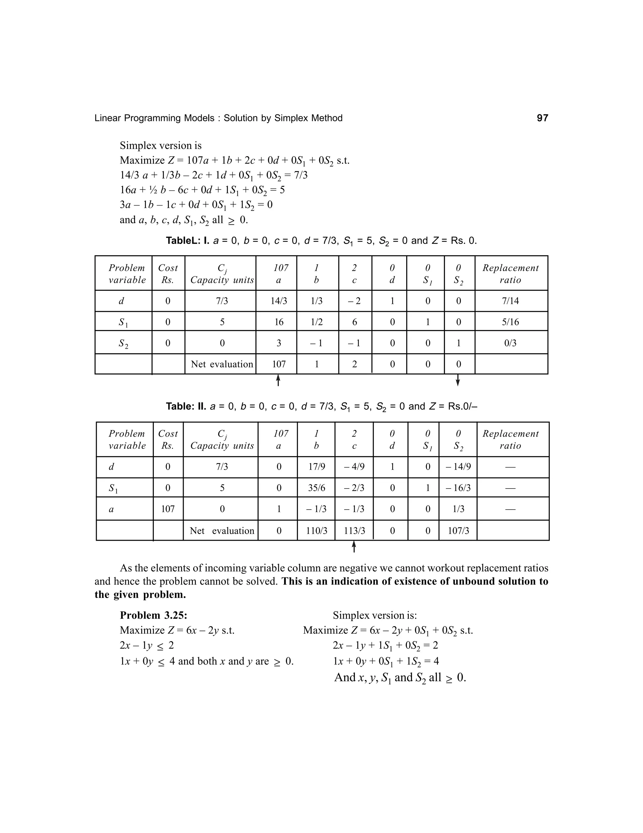 97

Linear Programming Models : Solution by Simplex Method

Simplex version is
Maximize Z = 107a + 1b + 2c + 0d + 0S1 + 0S2 s.t.
14/3 a + 1/3b – 2c + 1d + 0S1 + 0S2 = 7/3
16a + ½ b – 6c + 0d + 1S1 + 0S2 = 5
3a – 1b – 1c + 0d + 0S1 + 1S2 = 0
and a, b, c, d, S1, S2 all ≥ 0.
TableL: I. a = 0, b = 0, c = 0, d = 7/3, S1 = 5, S2 = 0 and Z = Rs. 0.
Cost
Rs.

Cj
Capacity units

107
a

1
b

2
c

0
d

0
S1

0
S2

Replacement
ratio

d

0

7/3

14/3

1/3

–2

1

0

0

7/14

S1

0

5

16

1/2

6

0

1

0

5/16

S2

0

0

3

–1

–1

0

0

1

0/3

Net evaluation

107

1

2

0

0

0

Problem
variable

Table: II. a = 0, b = 0, c = 0, d = 7/3, S1 = 5, S2 = 0 and Z = Rs.0/–
Cost
Rs.

Cj
Capacity units

107
a

1
b

2
c

0
d

0
S1

0
S2

Replacement
ratio

d

0

7/3

0

17/9

– 4/9

1

0

– 14/9

—

S1

0

5

0

35/6

– 2/3

0

1

– 16/3

—

a

107

0

1

– 1/3

– 1/3

0

0

1/3

—

Net evaluation

0

110/3

113/3

0

0

107/3

Problem
variable

As the elements of incoming variable column are negative we cannot workout replacement ratios
and hence the problem cannot be solved. This is an indication of existence of unbound solution to
the given problem.
Problem 3.25:
Simplex version is:
Maximize Z = 6x – 2y s.t.
Maximize Z = 6x – 2y + 0S1 + 0S2 s.t.
2x – 1y + 1S1 + 0S2 = 2
2x – 1y ≤ 2
1x + 0y ≤ 4 and both x and y are ≥ 0.
1x + 0y + 0S1 + 1S2 = 4

And x, y, S1 and S2 all ≥ 0.

 