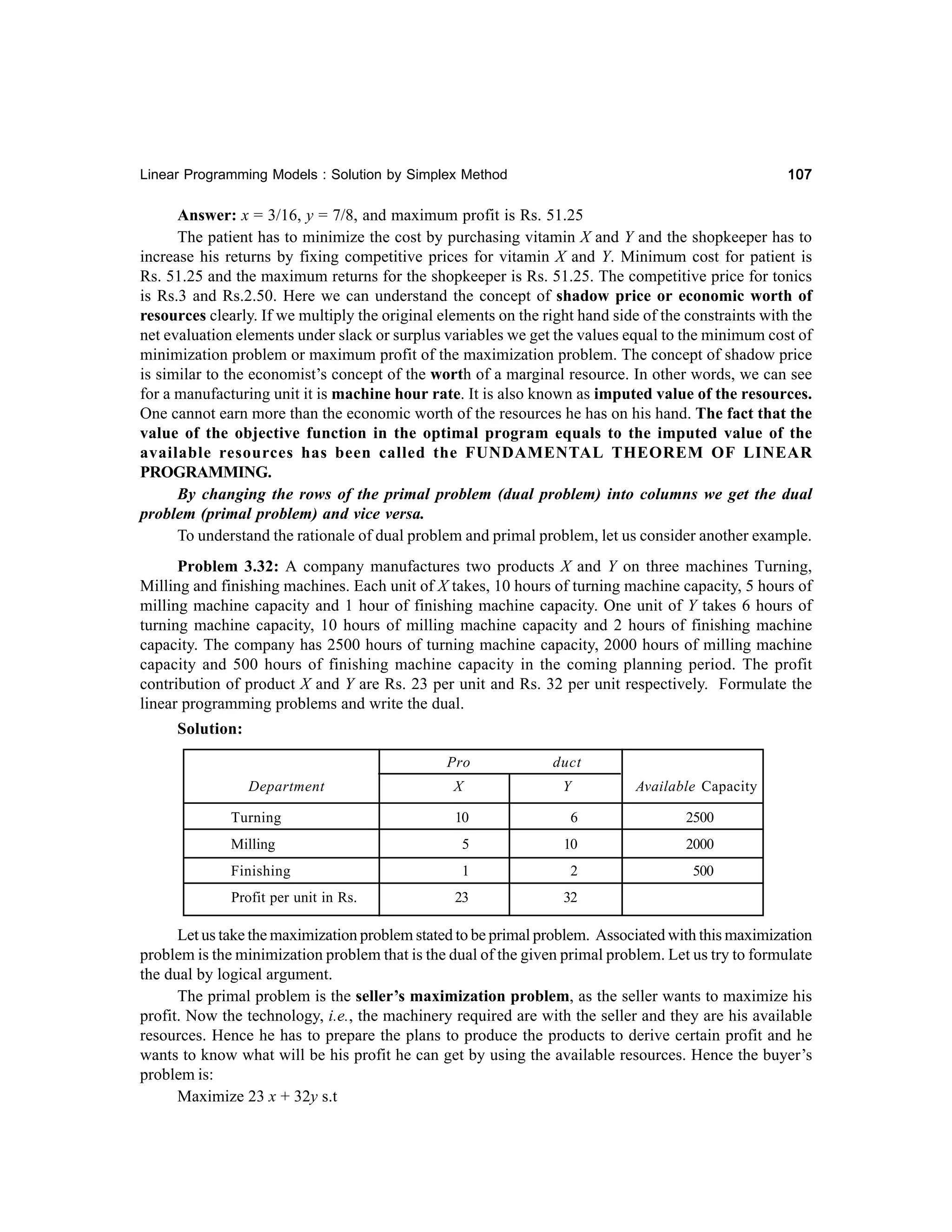 107

Linear Programming Models : Solution by Simplex Method

Answer: x = 3/16, y = 7/8, and maximum profit is Rs. 51.25
The patient has to minimize the cost by purchasing vitamin X and Y and the shopkeeper has to
increase his returns by fixing competitive prices for vitamin X and Y. Minimum cost for patient is
Rs. 51.25 and the maximum returns for the shopkeeper is Rs. 51.25. The competitive price for tonics
is Rs.3 and Rs.2.50. Here we can understand the concept of shadow price or economic worth of
resources clearly. If we multiply the original elements on the right hand side of the constraints with the
net evaluation elements under slack or surplus variables we get the values equal to the minimum cost of
minimization problem or maximum profit of the maximization problem. The concept of shadow price
is similar to the economist’s concept of the worth of a marginal resource. In other words, we can see
for a manufacturing unit it is machine hour rate. It is also known as imputed value of the resources.
One cannot earn more than the economic worth of the resources he has on his hand. The fact that the
value of the objective function in the optimal program equals to the imputed value of the
available resources has been called the FUNDAMENTAL THEOREM OF LINEAR
PROGRAMMING.
By changing the rows of the primal problem (dual problem) into columns we get the dual
problem (primal problem) and vice versa.
To understand the rationale of dual problem and primal problem, let us consider another example.
Problem 3.32: A company manufactures two products X and Y on three machines Turning,
Milling and finishing machines. Each unit of X takes, 10 hours of turning machine capacity, 5 hours of
milling machine capacity and 1 hour of finishing machine capacity. One unit of Y takes 6 hours of
turning machine capacity, 10 hours of milling machine capacity and 2 hours of finishing machine
capacity. The company has 2500 hours of turning machine capacity, 2000 hours of milling machine
capacity and 500 hours of finishing machine capacity in the coming planning period. The profit
contribution of product X and Y are Rs. 23 per unit and Rs. 32 per unit respectively. Formulate the
linear programming problems and write the dual.
Solution:
Pro
Department

duct

X

Y

Available Capacity

Turning

10

6

2500

Milling

5

10

2000

Finishing

1

2

500

23

32

Profit per unit in Rs.

Let us take the maximization problem stated to be primal problem. Associated with this maximization
problem is the minimization problem that is the dual of the given primal problem. Let us try to formulate
the dual by logical argument.
The primal problem is the seller’s maximization problem, as the seller wants to maximize his
profit. Now the technology, i.e., the machinery required are with the seller and they are his available
resources. Hence he has to prepare the plans to produce the products to derive certain profit and he
wants to know what will be his profit he can get by using the available resources. Hence the buyer’s
problem is:
Maximize 23 x + 32y s.t

 