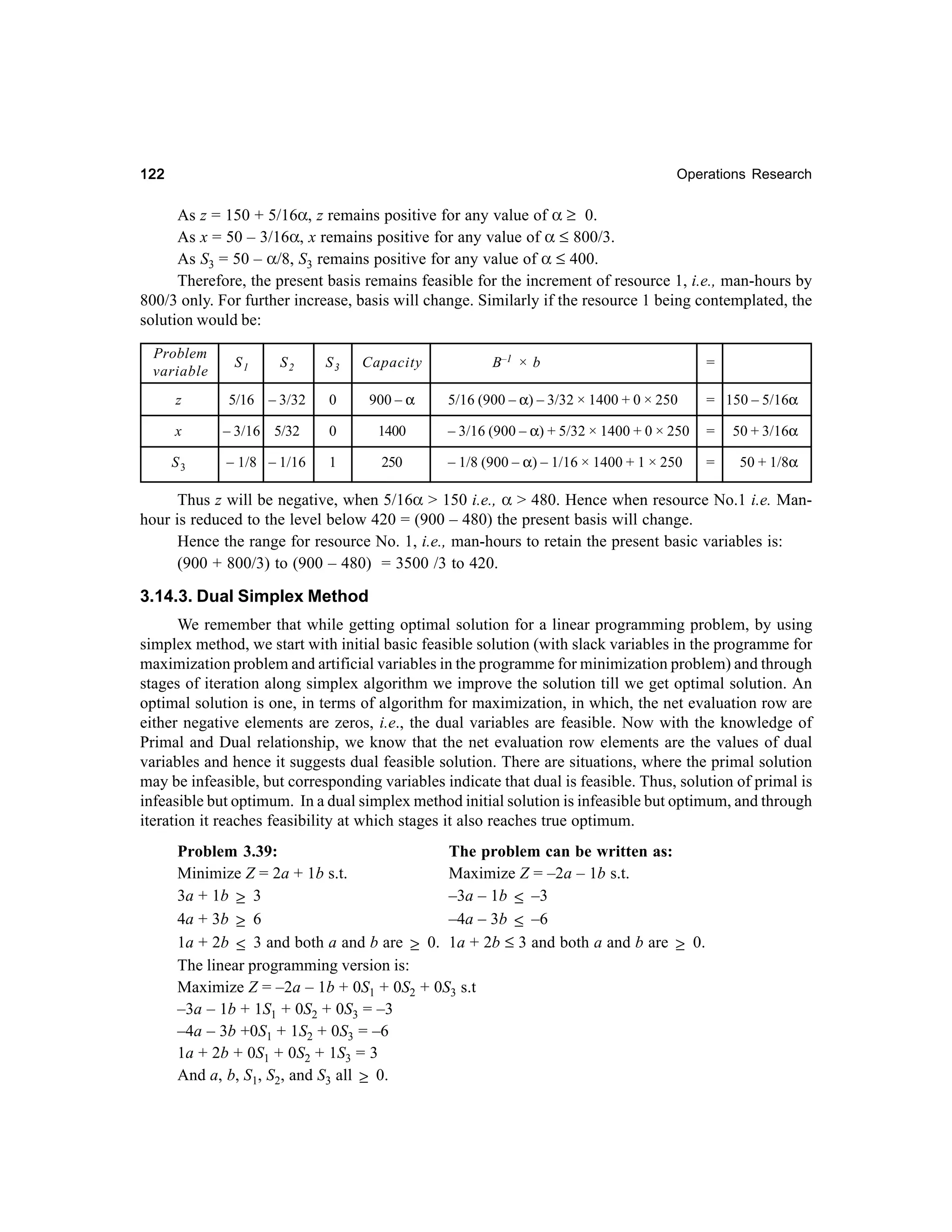 122

Operations Research

As z = 150 + 5/16α, z remains positive for any value of α ≥ 0.
As x = 50 – 3/16α, x remains positive for any value of α ≤ 800/3.
As S3 = 50 – α/8, S3 remains positive for any value of α ≤ 400.
Therefore, the present basis remains feasible for the increment of resource 1, i.e., man-hours by
800/3 only. For further increase, basis will change. Similarly if the resource 1 being contemplated, the
solution would be:
Problem
variable
z

S1

S2

5/16 – 3/32

S3

Capacity

0

900 – α

B–1 × b

=

5/16 (900 – α) – 3/32 × 1400 + 0 × 250

= 150 – 5/16α

x

– 3/16 5/32

0

1400

– 3/16 (900 – α) + 5/32 × 1400 + 0 × 250

=

50 + 3/16α

S3

– 1/8 – 1/16

1

250

– 1/8 (900 – α) – 1/16 × 1400 + 1 × 250

=

50 + 1/8α

Thus z will be negative, when 5/16α > 150 i.e., α > 480. Hence when resource No.1 i.e. Manhour is reduced to the level below 420 = (900 – 480) the present basis will change.
Hence the range for resource No. 1, i.e., man-hours to retain the present basic variables is:
(900 + 800/3) to (900 – 480) = 3500 /3 to 420.

3.14.3. Dual Simplex Method
We remember that while getting optimal solution for a linear programming problem, by using
simplex method, we start with initial basic feasible solution (with slack variables in the programme for
maximization problem and artificial variables in the programme for minimization problem) and through
stages of iteration along simplex algorithm we improve the solution till we get optimal solution. An
optimal solution is one, in terms of algorithm for maximization, in which, the net evaluation row are
either negative elements are zeros, i.e., the dual variables are feasible. Now with the knowledge of
Primal and Dual relationship, we know that the net evaluation row elements are the values of dual
variables and hence it suggests dual feasible solution. There are situations, where the primal solution
may be infeasible, but corresponding variables indicate that dual is feasible. Thus, solution of primal is
infeasible but optimum. In a dual simplex method initial solution is infeasible but optimum, and through
iteration it reaches feasibility at which stages it also reaches true optimum.
Problem 3.39:
The problem can be written as:
Minimize Z = 2a + 1b s.t.
Maximize Z = –2a – 1b s.t.
3a + 1b ≥ 3
–3a – 1b ≤ –3
–4a – 3b ≤ –6
4a + 3b ≥ 6
1a + 2b ≤ 3 and both a and b are ≥ 0. 1a + 2b ≤ 3 and both a and b are ≥ 0.
The linear programming version is:
Maximize Z = –2a – 1b + 0S1 + 0S2 + 0S3 s.t
–3a – 1b + 1S1 + 0S2 + 0S3 = –3
–4a – 3b +0S1 + 1S2 + 0S3 = –6
1a + 2b + 0S1 + 0S2 + 1S3 = 3
And a, b, S1, S2, and S3 all ≥ 0.

 