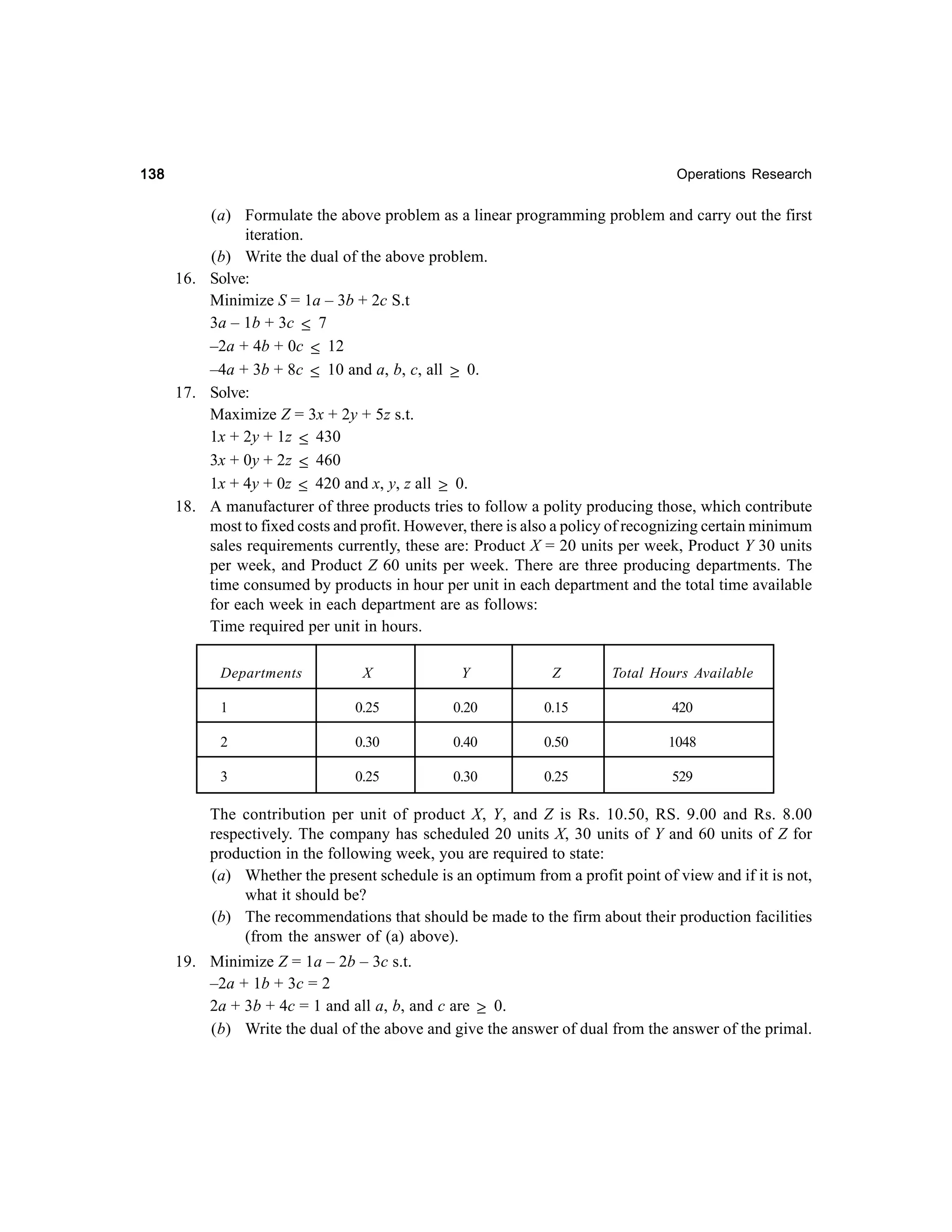 138

Operations Research

(a) Formulate the above problem as a linear programming problem and carry out the first
iteration.
(b) Write the dual of the above problem.
16. Solve:
Minimize S = 1a – 3b + 2c S.t
3a – 1b + 3c ≤ 7
–2a + 4b + 0c ≤ 12
–4a + 3b + 8c ≤ 10 and a, b, c, all ≥ 0.
17. Solve:
Maximize Z = 3x + 2y + 5z s.t.
1x + 2y + 1z ≤ 430
3x + 0y + 2z ≤ 460
1x + 4y + 0z ≤ 420 and x, y, z all ≥ 0.
18. A manufacturer of three products tries to follow a polity producing those, which contribute
most to fixed costs and profit. However, there is also a policy of recognizing certain minimum
sales requirements currently, these are: Product X = 20 units per week, Product Y 30 units
per week, and Product Z 60 units per week. There are three producing departments. The
time consumed by products in hour per unit in each department and the total time available
for each week in each department are as follows:
Time required per unit in hours.
Departments

X

Y

Z

Total Hours Available

1

0.25

0.20

0.15

420

2

0.30

0.40

0.50

1048

3

0.25

0.30

0.25

529

The contribution per unit of product X, Y, and Z is Rs. 10.50, RS. 9.00 and Rs. 8.00
respectively. The company has scheduled 20 units X, 30 units of Y and 60 units of Z for
production in the following week, you are required to state:
(a) Whether the present schedule is an optimum from a profit point of view and if it is not,
what it should be?
(b) The recommendations that should be made to the firm about their production facilities
(from the answer of (a) above).
19. Minimize Z = 1a – 2b – 3c s.t.
–2a + 1b + 3c = 2
2a + 3b + 4c = 1 and all a, b, and c are ≥ 0.
(b) Write the dual of the above and give the answer of dual from the answer of the primal.

 
