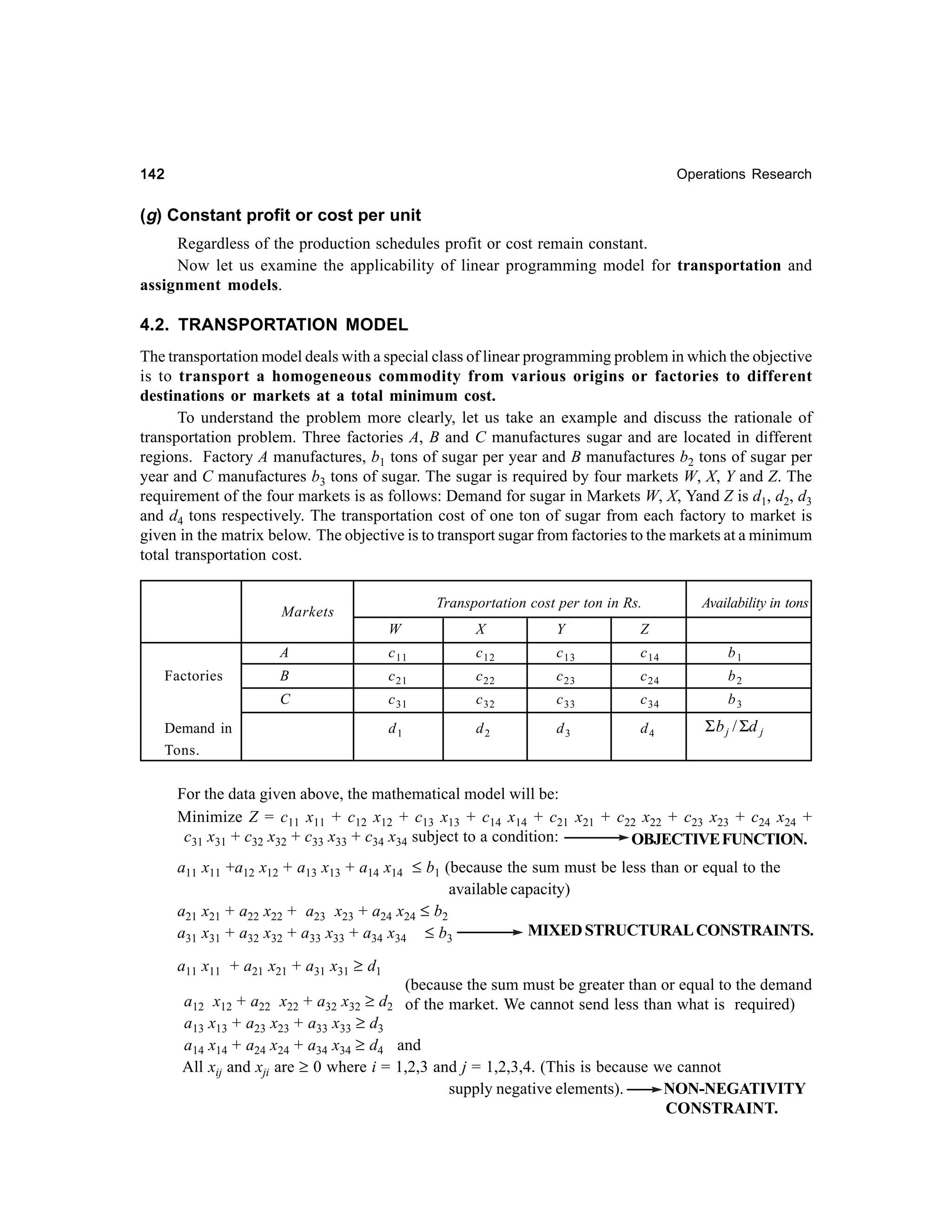 142

Operations Research

(g) Constant profit or cost per unit
Regardless of the production schedules profit or cost remain constant.
Now let us examine the applicability of linear programming model for transportation and
assignment models.

4.2. TRANSPORTATION MODEL
The transportation model deals with a special class of linear programming problem in which the objective
is to transport a homogeneous commodity from various origins or factories to different
destinations or markets at a total minimum cost.
To understand the problem more clearly, let us take an example and discuss the rationale of
transportation problem. Three factories A, B and C manufactures sugar and are located in different
regions. Factory A manufactures, b1 tons of sugar per year and B manufactures b2 tons of sugar per
year and C manufactures b3 tons of sugar. The sugar is required by four markets W, X, Y and Z. The
requirement of the four markets is as follows: Demand for sugar in Markets W, X, Yand Z is d1, d2, d3
and d4 tons respectively. The transportation cost of one ton of sugar from each factory to market is
given in the matrix below. The objective is to transport sugar from factories to the markets at a minimum
total transportation cost.
Transportation cost per ton in Rs.

Markets

Availability in tons

W

Y

Z

A

c 11

c 12

c 13

c 14

b1

B

c 21

c 22

c 23

c 24

b2

C

Factories

X

c 31

c 32

c 33

c 34

b3

d1

d2

d3

d4

Σ b j / Σd j

Demand in
Tons.

For the data given above, the mathematical model will be:
Minimize Z = c11 x11 + c12 x12 + c13 x13 + c14 x14 + c21 x21 + c22 x22 + c23 x23 + c24 x24 +
c31 x31 + c32 x32 + c33 x33 + c34 x34 subject to a condition:
OBJECTIVE FUNCTION.
a11 x11 +a12 x12 + a13 x13 + a14 x14 ≤ b1 (because the sum must be less than or equal to the
available capacity)
a21 x21 + a22 x22 + a23 x23 + a24 x24 ≤ b2
MIXED STRUCTURAL CONSTRAINTS.
a31 x31 + a32 x32 + a33 x33 + a34 x34 ≤ b3
a11 x11 + a21 x21 + a31 x31 ≥ d1
(because the sum must be greater than or equal to the demand
a12 x12 + a22 x22 + a32 x32 ≥ d2 of the market. We cannot send less than what is required)
a13 x13 + a23 x23 + a33 x33 ≥ d3
a14 x14 + a24 x24 + a34 x34 ≥ d4 and
All xij and xji are ≥ 0 where i = 1,2,3 and j = 1,2,3,4. (This is because we cannot
supply negative elements).
NON-NEGATIVITY
CONSTRAINT.

 