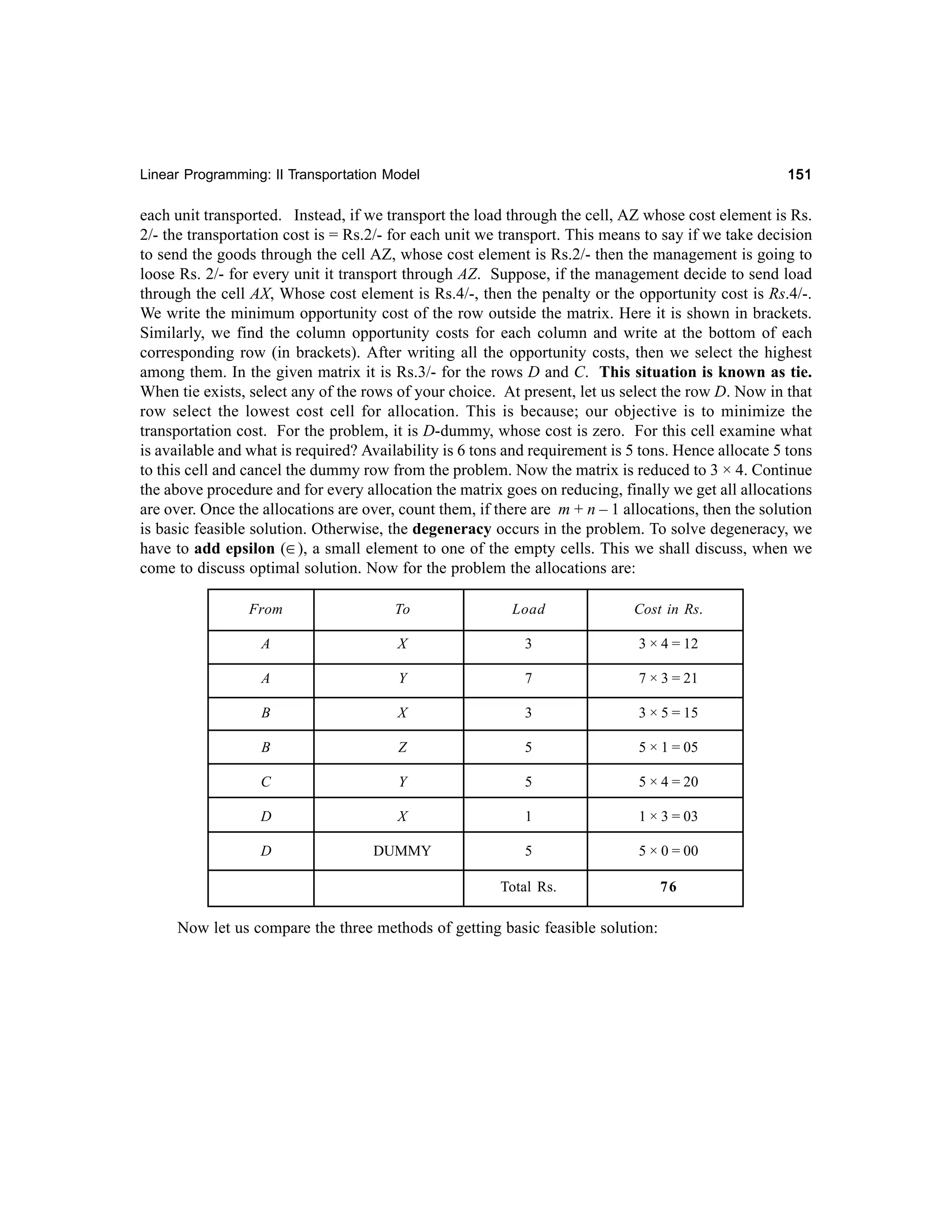 151

Linear Programming: II Transportation Model

each unit transported. Instead, if we transport the load through the cell, AZ whose cost element is Rs.
2/- the transportation cost is = Rs.2/- for each unit we transport. This means to say if we take decision
to send the goods through the cell AZ, whose cost element is Rs.2/- then the management is going to
loose Rs. 2/- for every unit it transport through AZ. Suppose, if the management decide to send load
through the cell AX, Whose cost element is Rs.4/-, then the penalty or the opportunity cost is Rs.4/-.
We write the minimum opportunity cost of the row outside the matrix. Here it is shown in brackets.
Similarly, we find the column opportunity costs for each column and write at the bottom of each
corresponding row (in brackets). After writing all the opportunity costs, then we select the highest
among them. In the given matrix it is Rs.3/- for the rows D and C. This situation is known as tie.
When tie exists, select any of the rows of your choice. At present, let us select the row D. Now in that
row select the lowest cost cell for allocation. This is because; our objective is to minimize the
transportation cost. For the problem, it is D-dummy, whose cost is zero. For this cell examine what
is available and what is required? Availability is 6 tons and requirement is 5 tons. Hence allocate 5 tons
to this cell and cancel the dummy row from the problem. Now the matrix is reduced to 3 × 4. Continue
the above procedure and for every allocation the matrix goes on reducing, finally we get all allocations
are over. Once the allocations are over, count them, if there are m + n – 1 allocations, then the solution
is basic feasible solution. Otherwise, the degeneracy occurs in the problem. To solve degeneracy, we
have to add epsilon (∈), a small element to one of the empty cells. This we shall discuss, when we
come to discuss optimal solution. Now for the problem the allocations are:
From

To

Load

Cost in Rs.

A

X

3

3 × 4 = 12

A

Y

7

7 × 3 = 21

B

X

3

3 × 5 = 15

B

Z

5

5 × 1 = 05

C

Y

5

5 × 4 = 20

D

X

1

1 × 3 = 03

D

DUMMY

5

5 × 0 = 00

Total Rs.

76

Now let us compare the three methods of getting basic feasible solution:

 