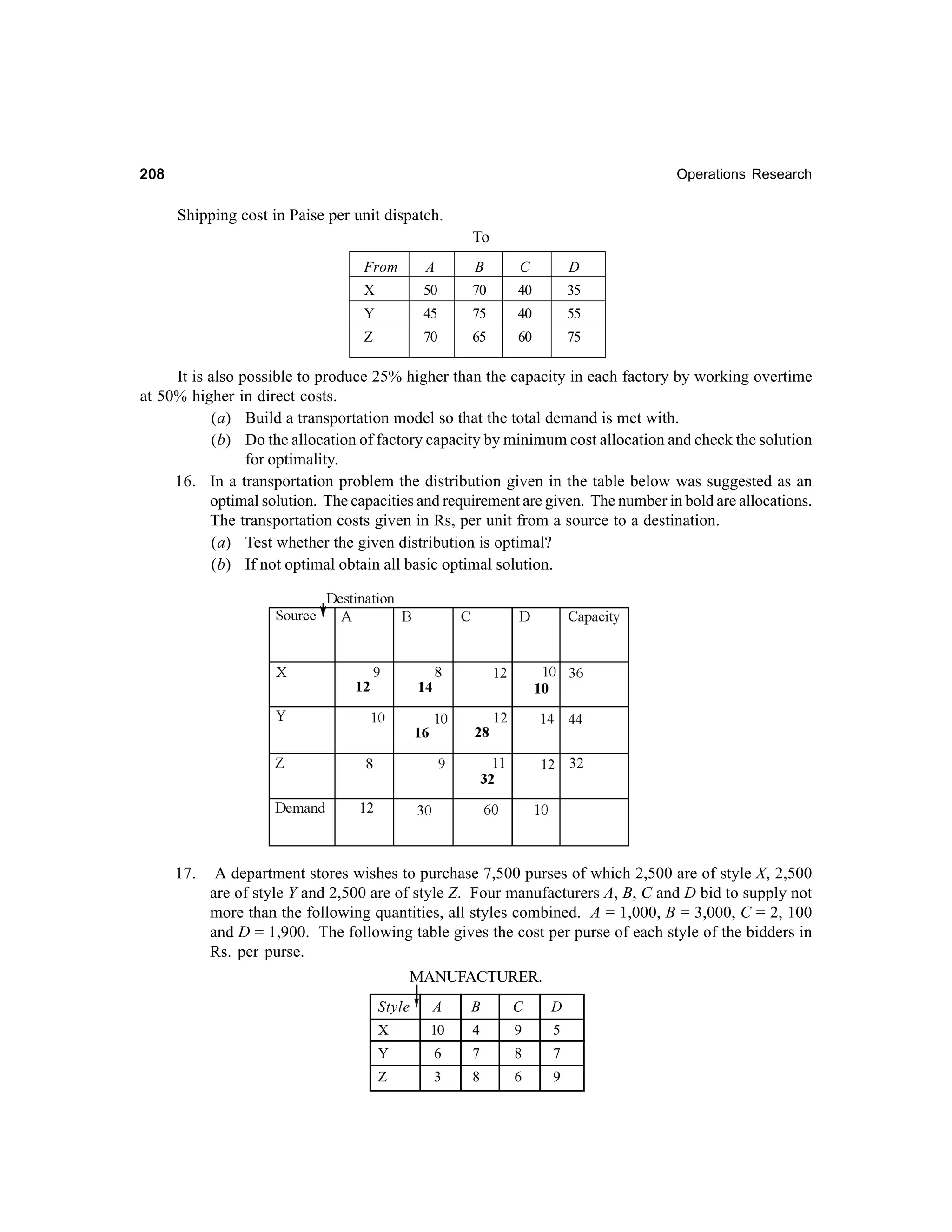 208

Operations Research

Shipping cost in Paise per unit dispatch.
To
From

A

B

C

D

X

50

70

40

35

Y

45

75

40

55

Z

70

65

60

75

It is also possible to produce 25% higher than the capacity in each factory by working overtime
at 50% higher in direct costs.
(a) Build a transportation model so that the total demand is met with.
(b) Do the allocation of factory capacity by minimum cost allocation and check the solution
for optimality.
16. In a transportation problem the distribution given in the table below was suggested as an
optimal solution. The capacities and requirement are given. The number in bold are allocations.
The transportation costs given in Rs, per unit from a source to a destination.
(a) Test whether the given distribution is optimal?
(b) If not optimal obtain all basic optimal solution.

17.

A department stores wishes to purchase 7,500 purses of which 2,500 are of style X, 2,500
are of style Y and 2,500 are of style Z. Four manufacturers A, B, C and D bid to supply not
more than the following quantities, all styles combined. A = 1,000, B = 3,000, C = 2, 100
and D = 1,900. The following table gives the cost per purse of each style of the bidders in
Rs. per purse.
MANUFACTURER.
Style

A

B

C

D

X

10

4

9

5

Y

6

7

8

7

Z

3

8

6

9

 