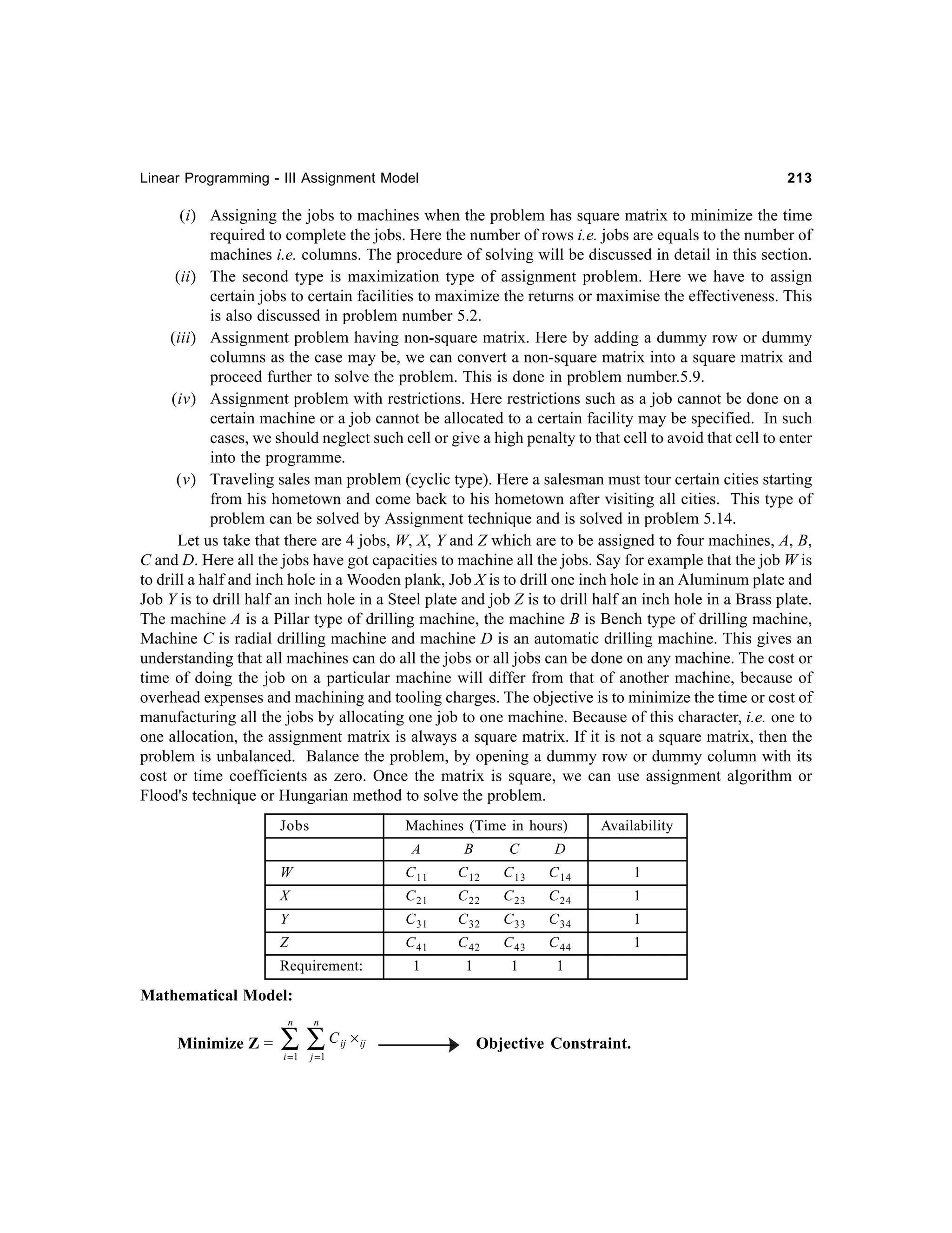 Linear Programming - III Assignment Model

213

(i) Assigning the jobs to machines when the problem has square matrix to minimize the time
required to complete the jobs. Here the number of rows i.e. jobs are equals to the number of
machines i.e. columns. The procedure of solving will be discussed in detail in this section.
(ii) The second type is maximization type of assignment problem. Here we have to assign
certain jobs to certain facilities to maximize the returns or maximise the effectiveness. This
is also discussed in problem number 5.2.
(iii) Assignment problem having non-square matrix. Here by adding a dummy row or dummy
columns as the case may be, we can convert a non-square matrix into a square matrix and
proceed further to solve the problem. This is done in problem number.5.9.
(iv) Assignment problem with restrictions. Here restrictions such as a job cannot be done on a
certain machine or a job cannot be allocated to a certain facility may be specified. In such
cases, we should neglect such cell or give a high penalty to that cell to avoid that cell to enter
into the programme.
(v) Traveling sales man problem (cyclic type). Here a salesman must tour certain cities starting
from his hometown and come back to his hometown after visiting all cities. This type of
problem can be solved by Assignment technique and is solved in problem 5.14.
Let us take that there are 4 jobs, W, X, Y and Z which are to be assigned to four machines, A, B,
C and D. Here all the jobs have got capacities to machine all the jobs. Say for example that the job W is
to drill a half and inch hole in a Wooden plank, Job X is to drill one inch hole in an Aluminum plate and
Job Y is to drill half an inch hole in a Steel plate and job Z is to drill half an inch hole in a Brass plate.
The machine A is a Pillar type of drilling machine, the machine B is Bench type of drilling machine,
Machine C is radial drilling machine and machine D is an automatic drilling machine. This gives an
understanding that all machines can do all the jobs or all jobs can be done on any machine. The cost or
time of doing the job on a particular machine will differ from that of another machine, because of
overhead expenses and machining and tooling charges. The objective is to minimize the time or cost of
manufacturing all the jobs by allocating one job to one machine. Because of this character, i.e. one to
one allocation, the assignment matrix is always a square matrix. If it is not a square matrix, then the
problem is unbalanced. Balance the problem, by opening a dummy row or dummy column with its
cost or time coefficients as zero. Once the matrix is square, we can use assignment algorithm or
Flood's technique or Hungarian method to solve the problem.
Jobs

Machines (Time in hours)
A

B

C

D

W

C 11

C 12

C 13

C 14

1

X

C 21

C 22

C 23

C 24

1

Y

C 31

C 32

C 33

C 34

1

Z

C 41

C 42

C 43

C 44

1

1

1

1

1

Requirement:

Availability

Mathematical Model:
n

Minimize Z =

n

i =1

j =1

∑ ∑C

ij

× ij

Objective Constraint.

 