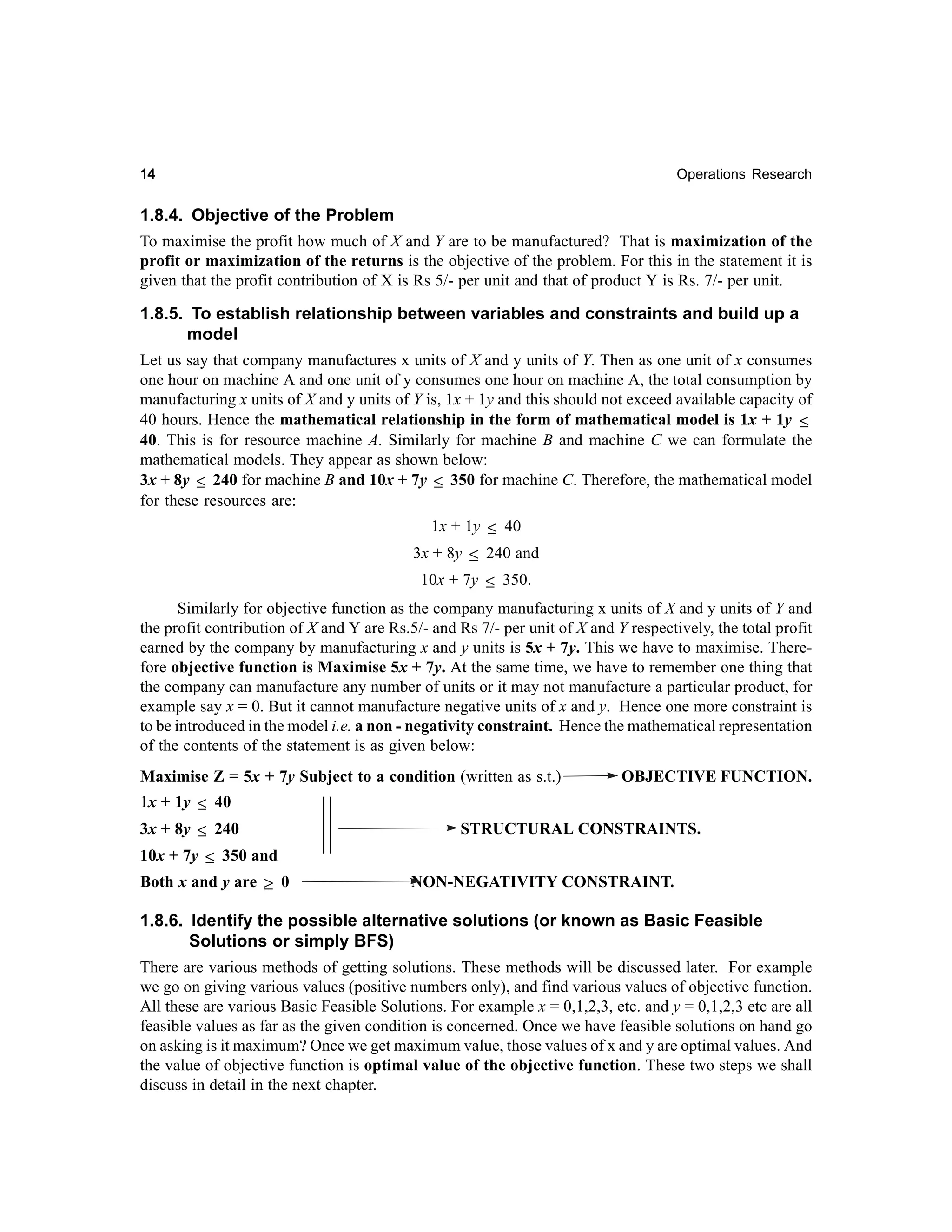 14

Operations Research

1.8.4. Objective of the Problem
To maximise the profit how much of X and Y are to be manufactured? That is maximization of the
profit or maximization of the returns is the objective of the problem. For this in the statement it is
given that the profit contribution of X is Rs 5/- per unit and that of product Y is Rs. 7/- per unit.
1.8.5. To establish relationship between variables and constraints and build up a
model
Let us say that company manufactures x units of X and y units of Y. Then as one unit of x consumes
one hour on machine A and one unit of y consumes one hour on machine A, the total consumption by
manufacturing x units of X and y units of Y is, 1x + 1y and this should not exceed available capacity of
40 hours. Hence the mathematical relationship in the form of mathematical model is 1x + 1y ≤
40. This is for resource machine A. Similarly for machine B and machine C we can formulate the
mathematical models. They appear as shown below:
3x + 8y ≤ 240 for machine B and 10x + 7y ≤ 350 for machine C. Therefore, the mathematical model
for these resources are:
1x + 1y ≤ 40
3x + 8y ≤ 240 and
10x + 7y ≤ 350.
Similarly for objective function as the company manufacturing x units of X and y units of Y and
the profit contribution of X and Y are Rs.5/- and Rs 7/- per unit of X and Y respectively, the total profit
earned by the company by manufacturing x and y units is 5x + 7y. This we have to maximise. Therefore objective function is Maximise 5x + 7y. At the same time, we have to remember one thing that
the company can manufacture any number of units or it may not manufacture a particular product, for
example say x = 0. But it cannot manufacture negative units of x and y. Hence one more constraint is
to be introduced in the model i.e. a non - negativity constraint. Hence the mathematical representation
of the contents of the statement is as given below:
Maximise Z = 5x + 7y Subject to a condition (written as s.t.)
1x + 1y ≤ 40
3x + 8y ≤ 240
10x + 7y ≤ 350 and
Both x and y are ≥ 0

OBJECTIVE FUNCTION.

STRUCTURAL CONSTRAINTS.
NON-NEGATIVITY CONSTRAINT.

1.8.6. Identify the possible alternative solutions (or known as Basic Feasible
Solutions or simply BFS)
There are various methods of getting solutions. These methods will be discussed later. For example
we go on giving various values (positive numbers only), and find various values of objective function.
All these are various Basic Feasible Solutions. For example x = 0,1,2,3, etc. and y = 0,1,2,3 etc are all
feasible values as far as the given condition is concerned. Once we have feasible solutions on hand go
on asking is it maximum? Once we get maximum value, those values of x and y are optimal values. And
the value of objective function is optimal value of the objective function. These two steps we shall
discuss in detail in the next chapter.

 
