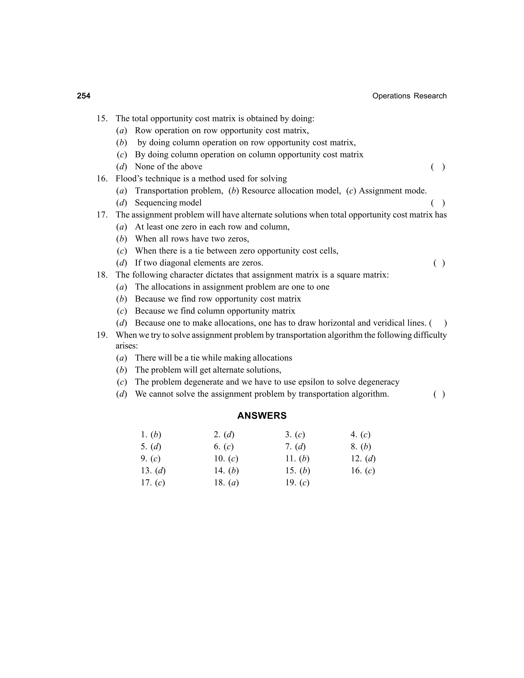 254

Operations Research

15. The total opportunity cost matrix is obtained by doing:
(a) Row operation on row opportunity cost matrix,
(b) by doing column operation on row opportunity cost matrix,
(c) By doing column operation on column opportunity cost matrix
(d) None of the above
( )
16. Flood’s technique is a method used for solving
(a) Transportation problem, (b) Resource allocation model, (c) Assignment mode.
(d) Sequencing model
( )
17. The assignment problem will have alternate solutions when total opportunity cost matrix has
(a) At least one zero in each row and column,
(b) When all rows have two zeros,
(c) When there is a tie between zero opportunity cost cells,
(d) If two diagonal elements are zeros.
( )
18. The following character dictates that assignment matrix is a square matrix:
(a) The allocations in assignment problem are one to one
(b) Because we find row opportunity cost matrix
(c) Because we find column opportunity matrix
(d) Because one to make allocations, one has to draw horizontal and veridical lines. ( )
19. When we try to solve assignment problem by transportation algorithm the following difficulty
arises:
(a) There will be a tie while making allocations
(b) The problem will get alternate solutions,
(c) The problem degenerate and we have to use epsilon to solve degeneracy
(d) We cannot solve the assignment problem by transportation algorithm.
( )

ANSWERS
1. (b)
5. (d)
9. (c)
13. (d)
17. (c)

2. (d)
6. (c)
10. (c)
14. (b)
18. (a)

3. (c)
7. (d)
11. (b)
15. (b)
19. (c)

4. (c)
8. (b)
12. (d)
16. (c)

 