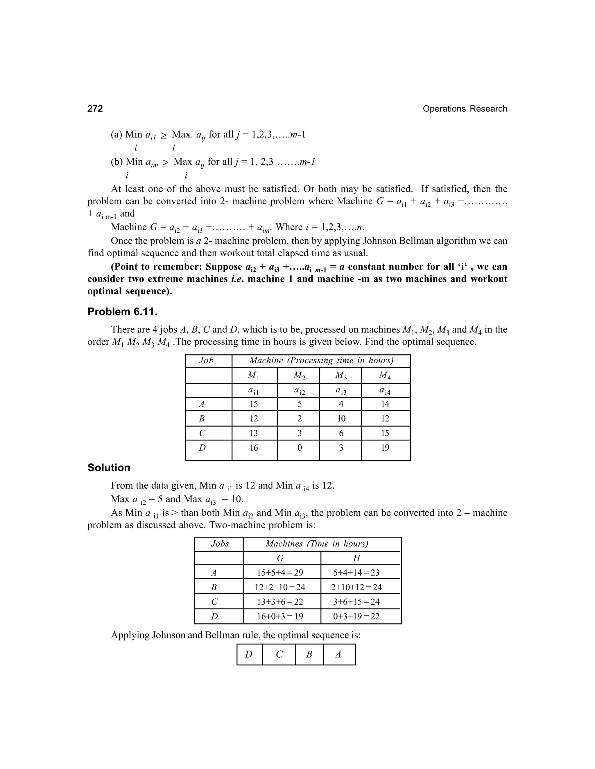 272

Operations Research

(a) Min ai1 ≥ Max. aij for all j = 1,2,3,…..m-1
i
i
(b) Min aim ≥ Max aij for all j = 1, 2,3 …….m-1
i
i
At least one of the above must be satisfied. Or both may be satisfied. If satisfied, then the
problem can be converted into 2- machine problem where Machine G = ai1 + ai2 + ai3 +………….
+ ai m-1 and
Machine G = ai2 + ai3 +………. + aim. Where i = 1,2,3,….n.
Once the problem is a 2- machine problem, then by applying Johnson Bellman algorithm we can
find optimal sequence and then workout total elapsed time as usual.
(Point to remember: Suppose ai2 + ai3 +…..ai m-1 = a constant number for all ‘i‘ , we can
consider two extreme machines i.e. machine 1 and machine -m as two machines and workout
optimal sequence).

Problem 6.11.
There are 4 jobs A, B, C and D, which is to be, processed on machines M1, M2, M3 and M4 in the
order M1 M2 M3 M4 .The processing time in hours is given below. Find the optimal sequence.
Job

Machine (Processing time in hours)
M1

M2

M3

M4

a i1

a i2

a i3

a i4

A

15

5

4

14

B

12

2

10

12

C

13

3

6

15

D

16

0

3

19

Solution
From the data given, Min a i1 is 12 and Min a i4 is 12.
Max a i2 = 5 and Max ai3 = 10.
As Min a i1 is > than both Min ai2 and Min ai3, the problem can be converted into 2 – machine
problem as discussed above. Two-machine problem is:
Jobs.

Machines (Time in hours)
G

H

A

15+5+4 = 29

5+4+14 = 23

B

12+2+10 = 24

2+10+12 = 24

C

13+3+6 = 22

3+6+15 = 24

D

16+0+3 = 19

0+3+19 = 22

Applying Johnson and Bellman rule, the optimal sequence is:
D

C

B

A

 